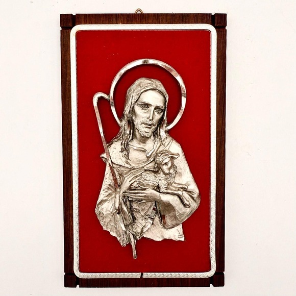 Other - Vintage Italian Pewter Jesus Plaque Red Velvet by Peltro Italy– Good Shepherd 6"